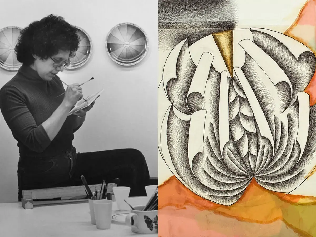 A woman paints, embodying the spirit of the feminist art movement. Beside her, a detailed drawing of a stylized, organic form.