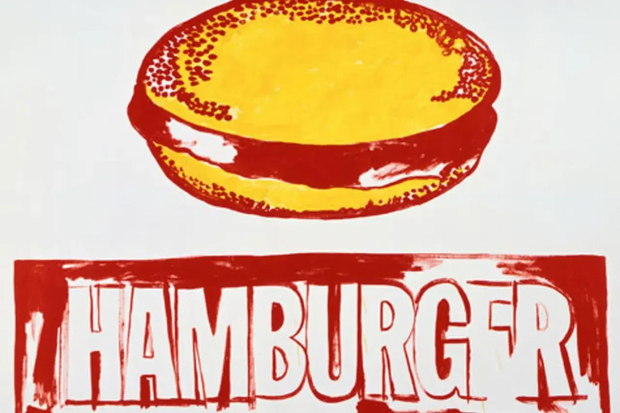 Andy Warhol's iconic pop art hamburger, rendered in bold red and yellow, with the word "HAMBURGER" emblazoned below.