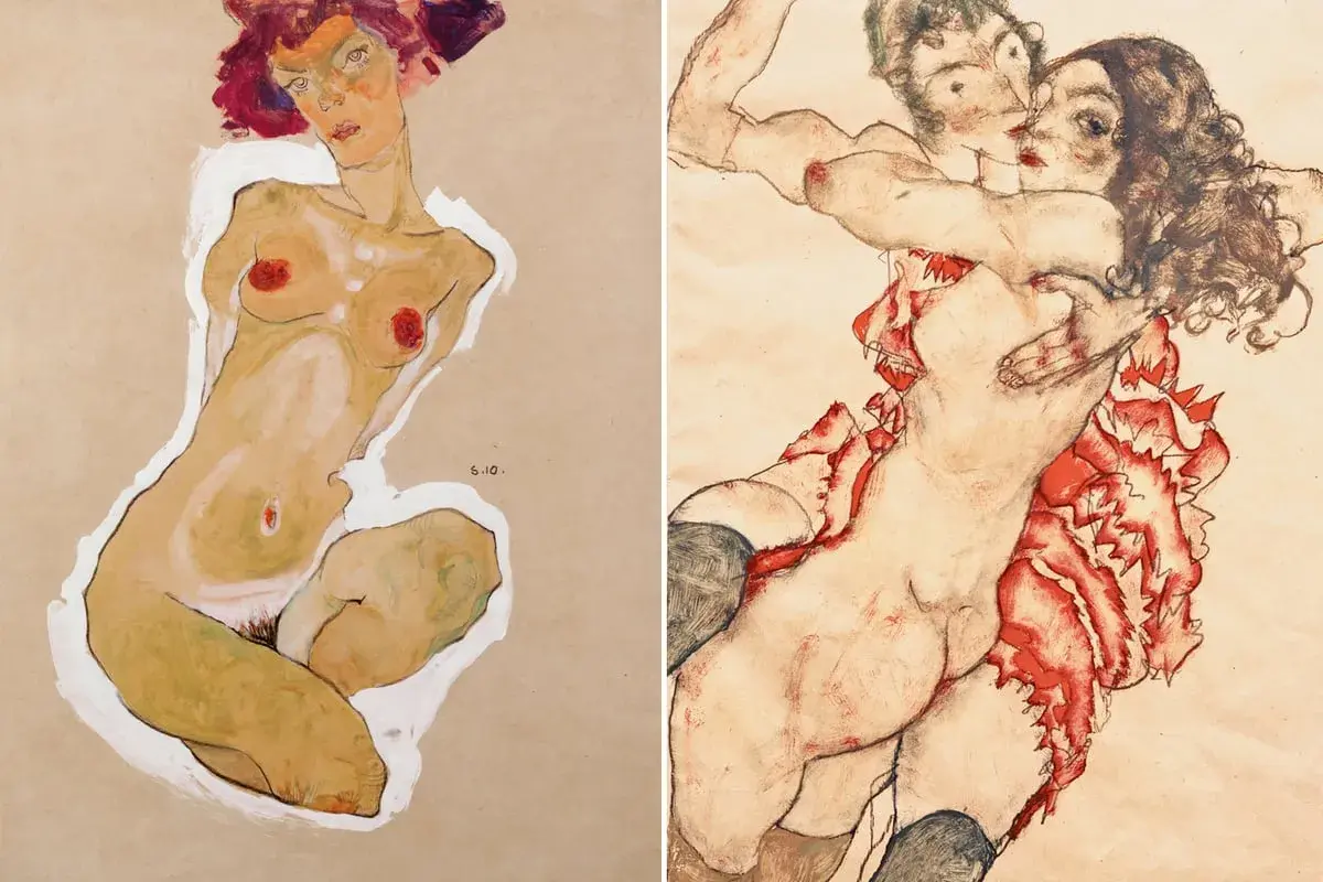 Two expressive Egon Schiele nudes, one a solitary figure, the other a passionate embrace, showcase his distinctive style.