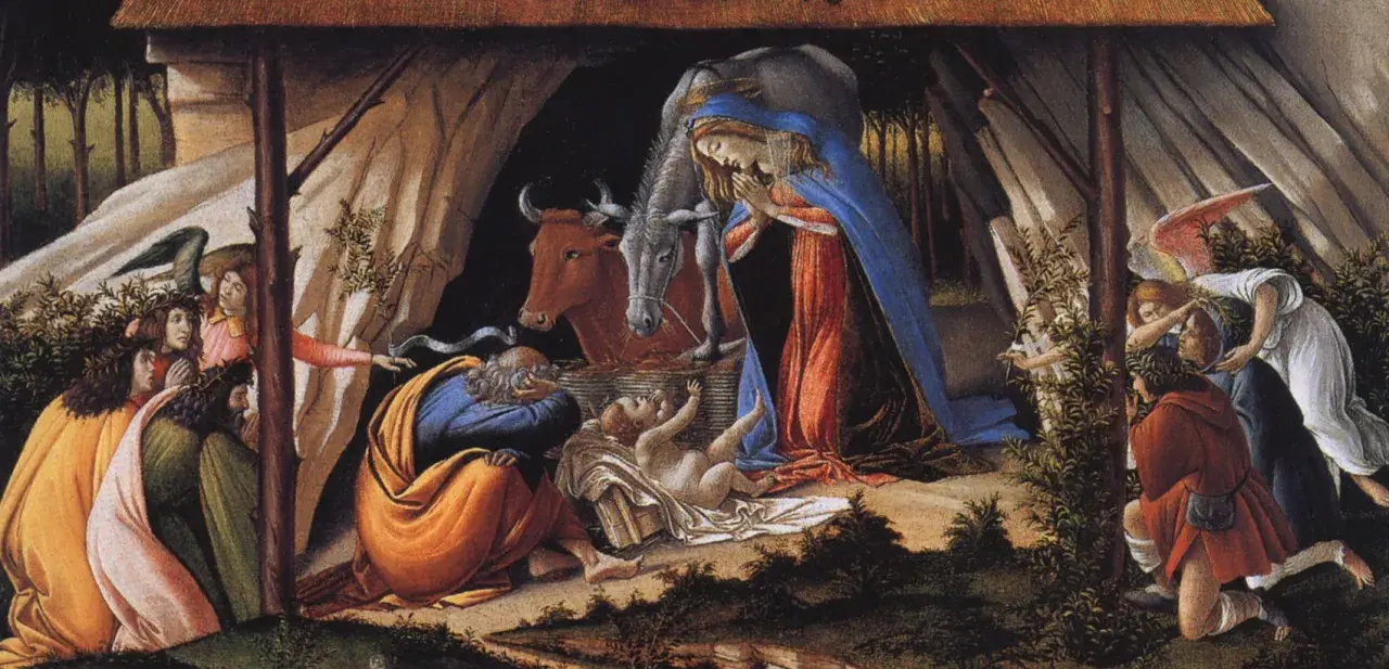 A classic nativity scene, one of many nativity paintings by famous artists, depicts Mary, Joseph, and angels gathered around the infant Jesus in a humble stable.