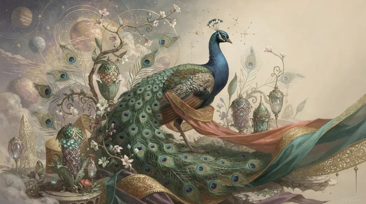 A majestic peacock, symbolizing beauty and royalty, stands amidst celestial clouds, ornate lanterns, and blooming branches.