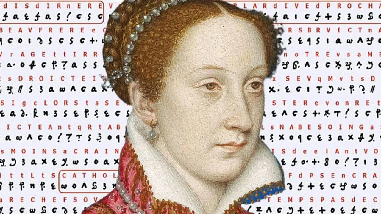 A portrait of Mary, Queen of Scots, with a background of cryptic text, hinting at her complex life and secrets.