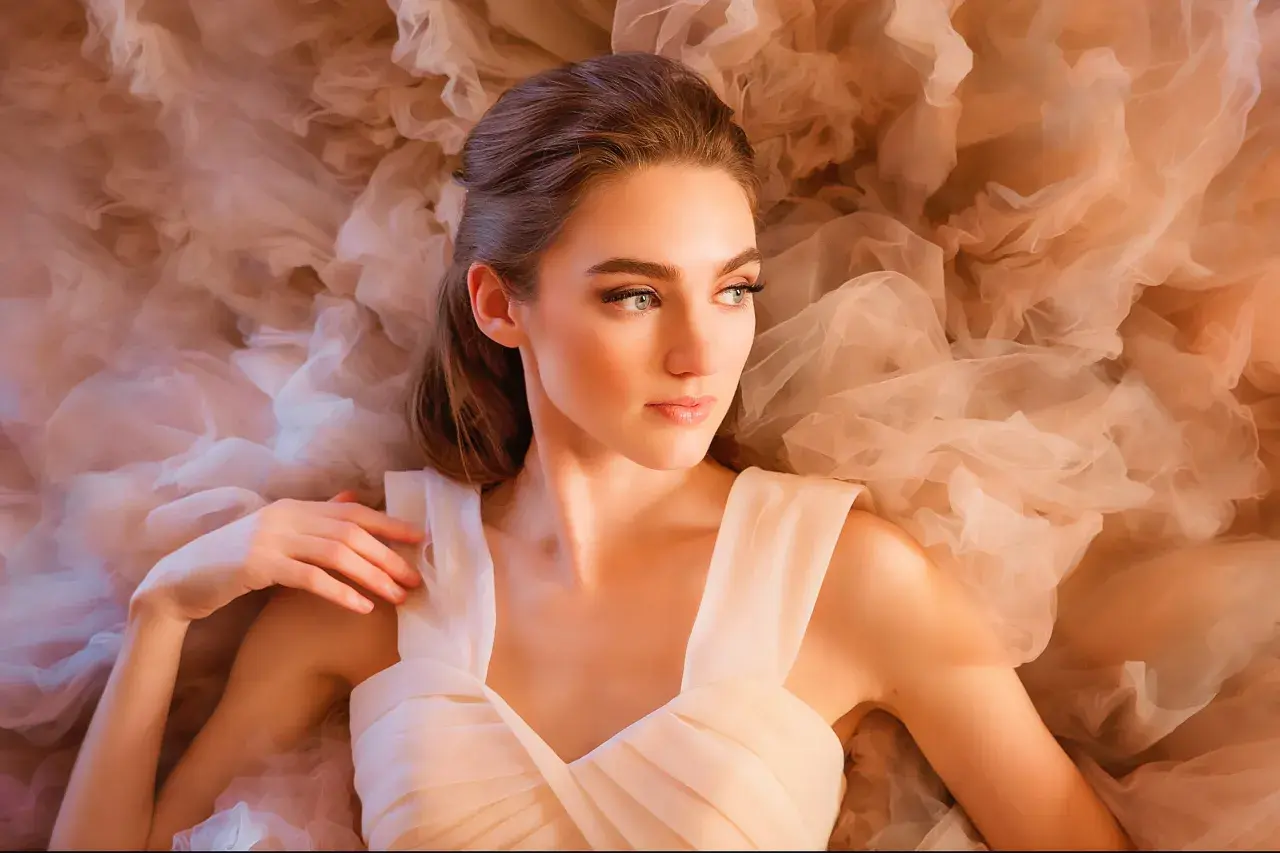 A beautiful woman in a flowing gown, captured in a dreamy fine art portrait photography style, surrounded by soft, ethereal fabric.