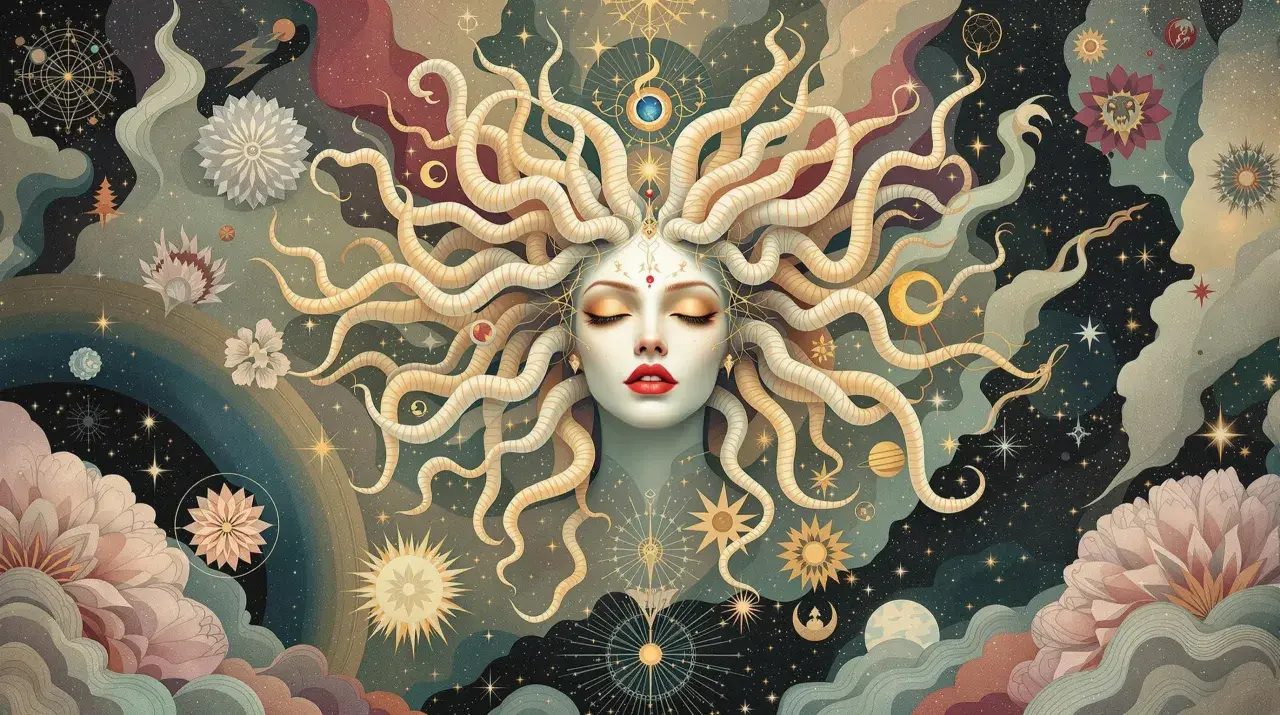 A celestial Medusa, a stunning piece of Greek mythology art, with serpentine hair swirling amidst stars and cosmic flowers.