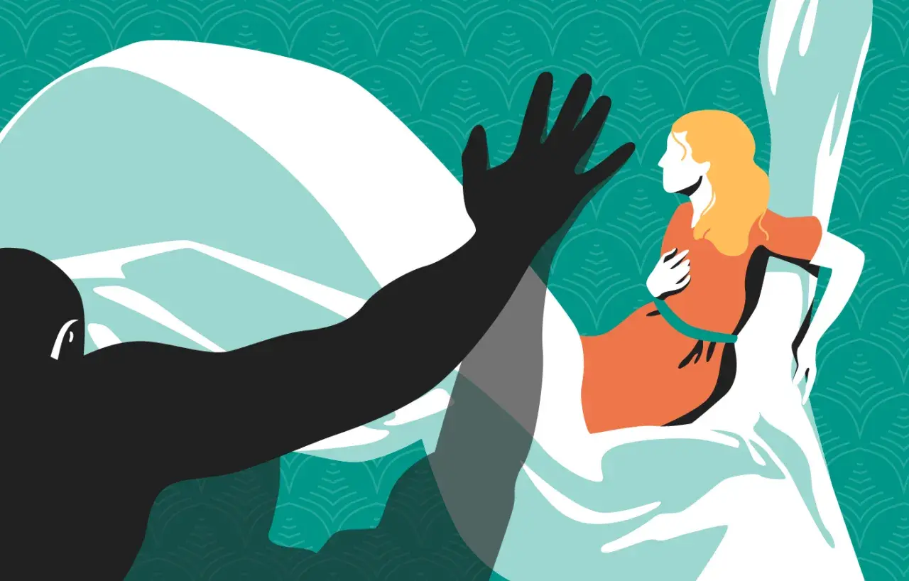 A dark silhouette of Othello reaches out, his hand a shadow over the pale figure of Desdemona, who looks away in distress.