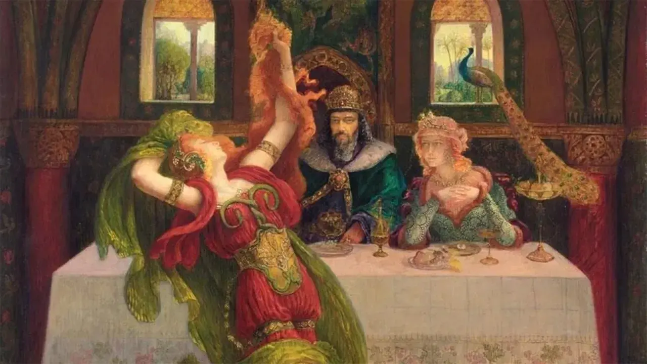 Salome dancing before Herod, her red dress and green veil swirling. Herod and his wife watch, a peacock nearby.