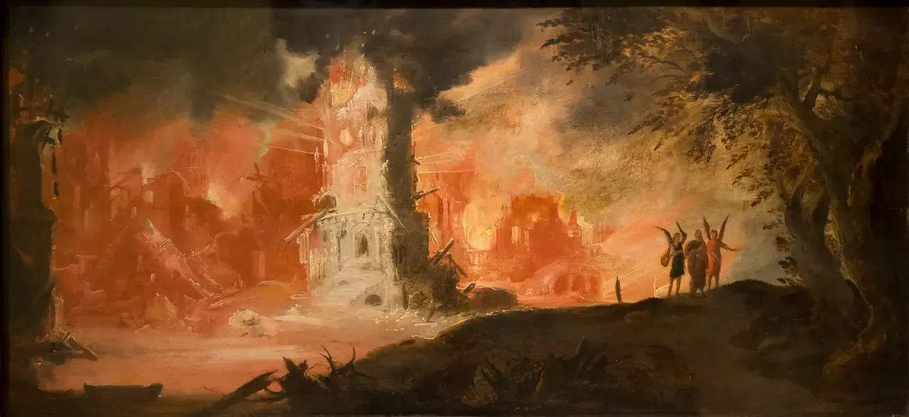 Painting of the destruction of Sodom and Gomorrah. Angels watch as fire engulfs the city, leaving behind ruins and smoke.
