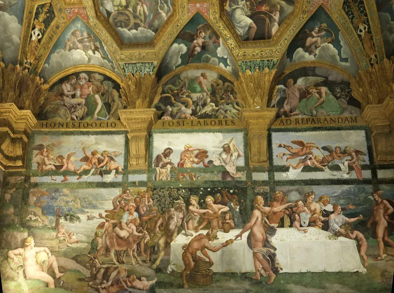 A grand fresco depicting the fall of the giants, with gods battling monstrous figures amidst clouds and celestial scenes.
