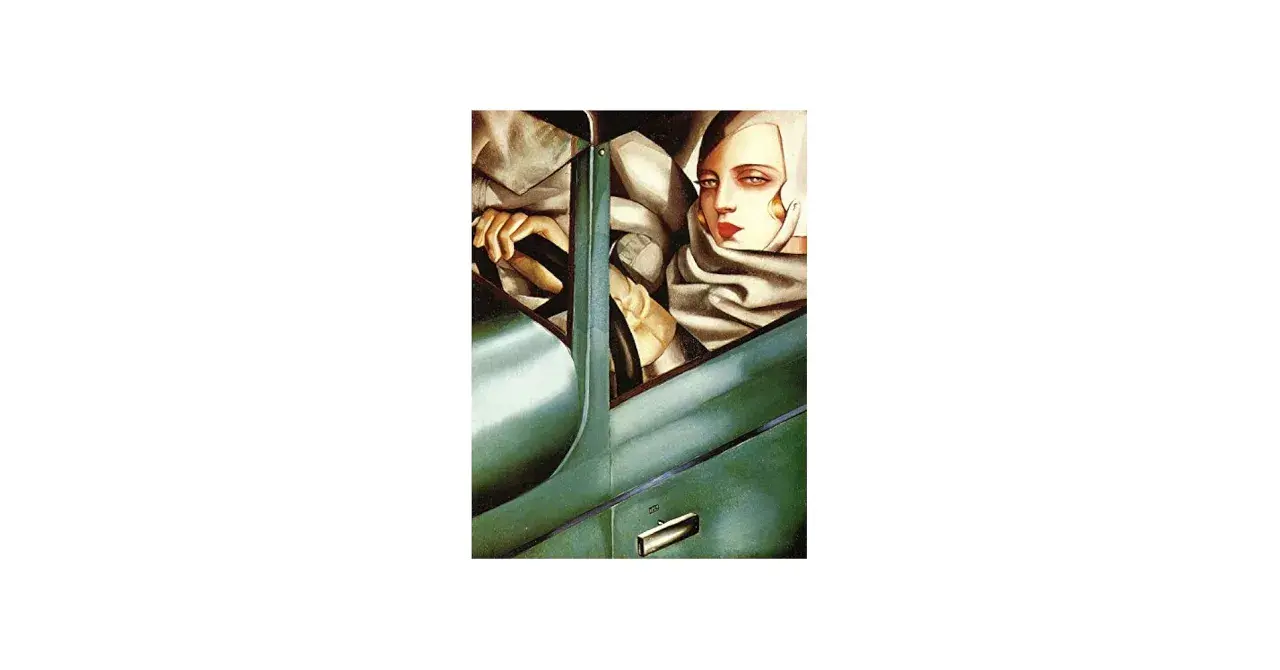 A striking self-portrait of a woman driving a sleek, green Bugatti. Her gaze is intense, her red lips bold, and her hands confidently grip the steering wheel.