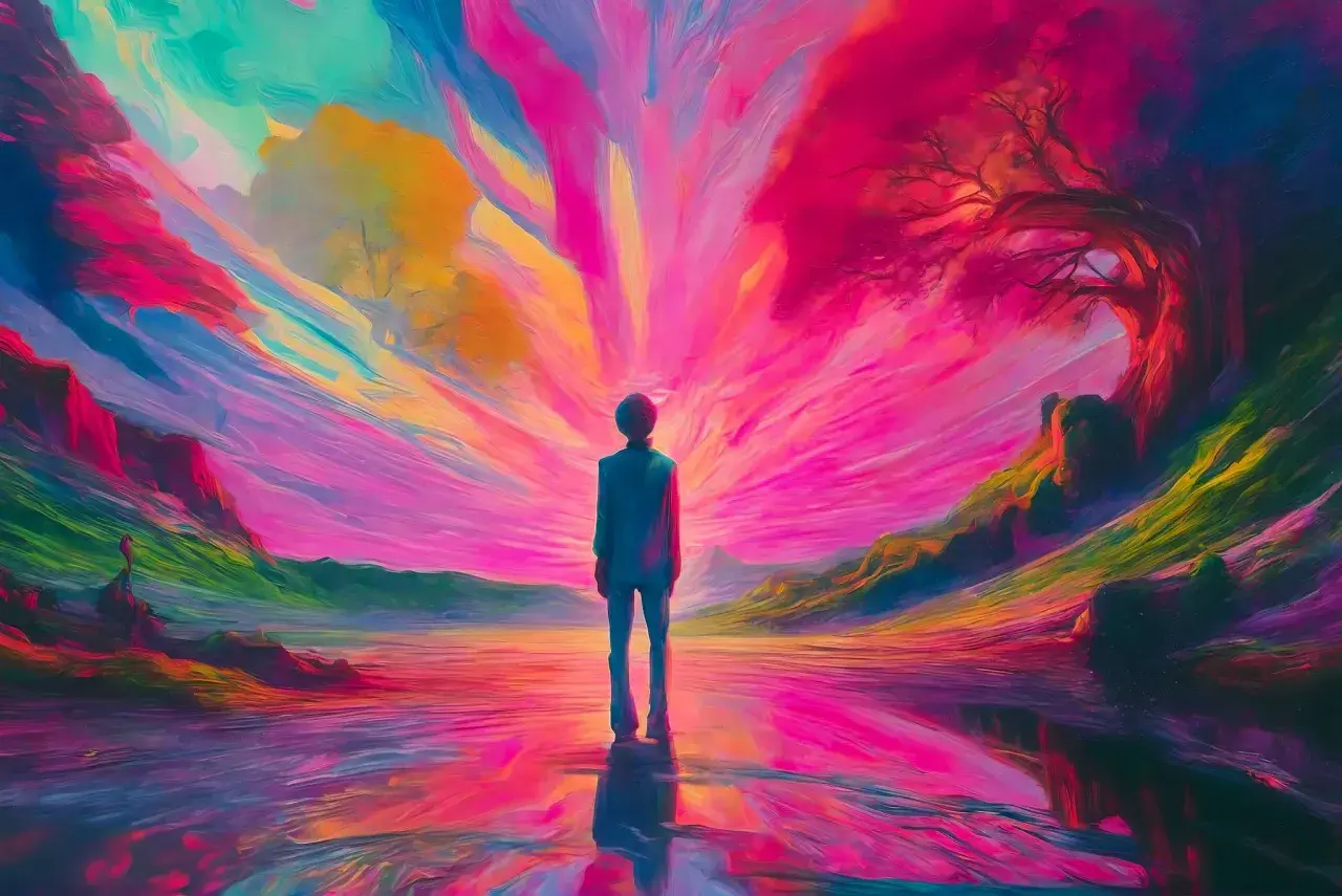 A lone figure stands in a vibrant, surreal landscape. The sky explodes with color, reflecting in the water below. This surrealism art captures the essence of nature transformed.