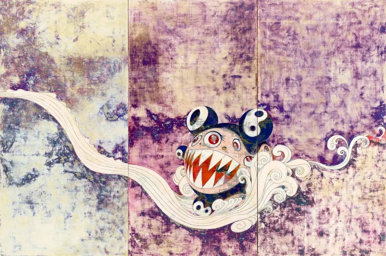 A cartoonish creature with sharp teeth and yin-yang eyes, set against a textured, purple and yellow background, embodies pop art characteristics with its bold imagery and vibrant colors.