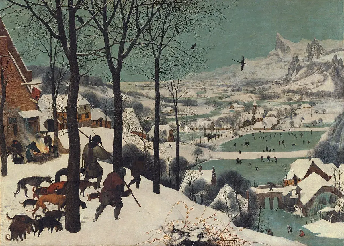 The hunters in the snow return to a village, their dogs leading the way. A frozen pond bustles with skaters in the distance.