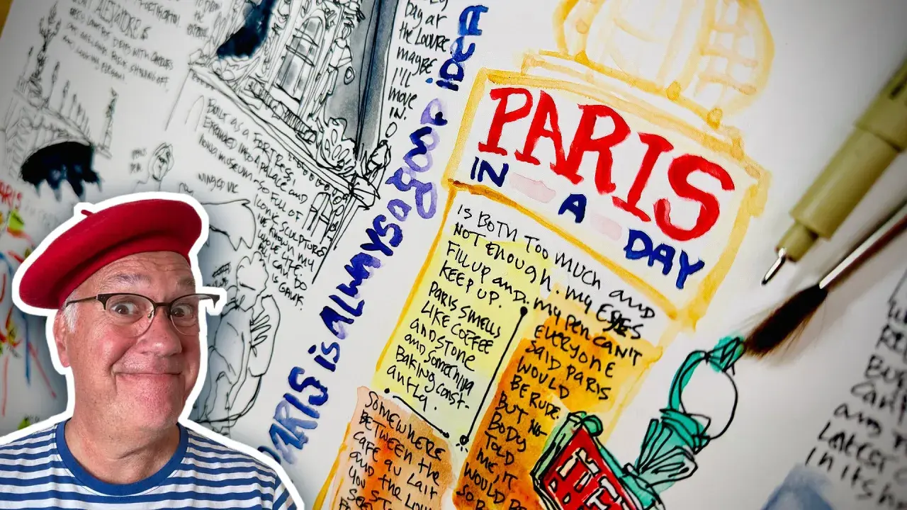 A man in a red beret smiles, surrounded by sketches of Paris. Early drawings like these were vital for documenting and understanding the world, showing why was drawing so important early on in history.
