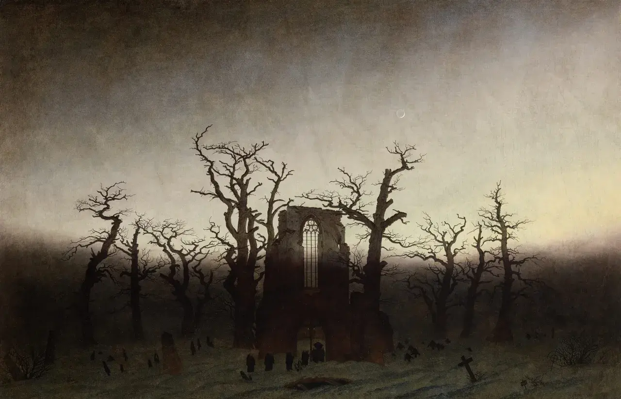 A graveyard with skeletal trees and a ruined abbey, bathed in an eerie twilight. This is a prime example of gothic romanticism art, evoking a sense of melancholy and the sublime.