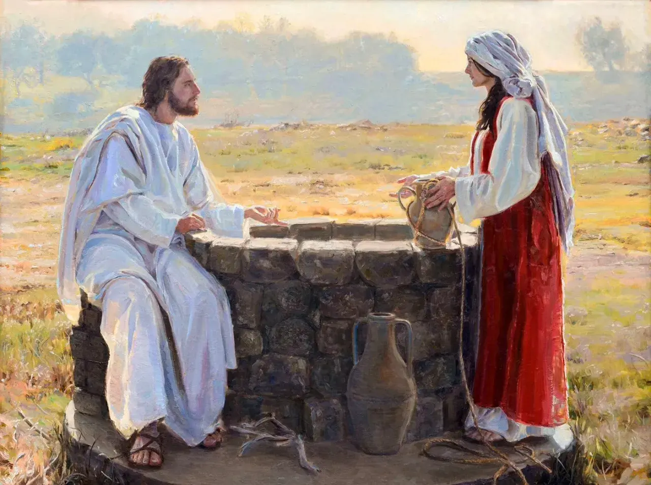 Jesus speaks to a woman at a well in this art. She holds a water jug, and he gestures as they converse.