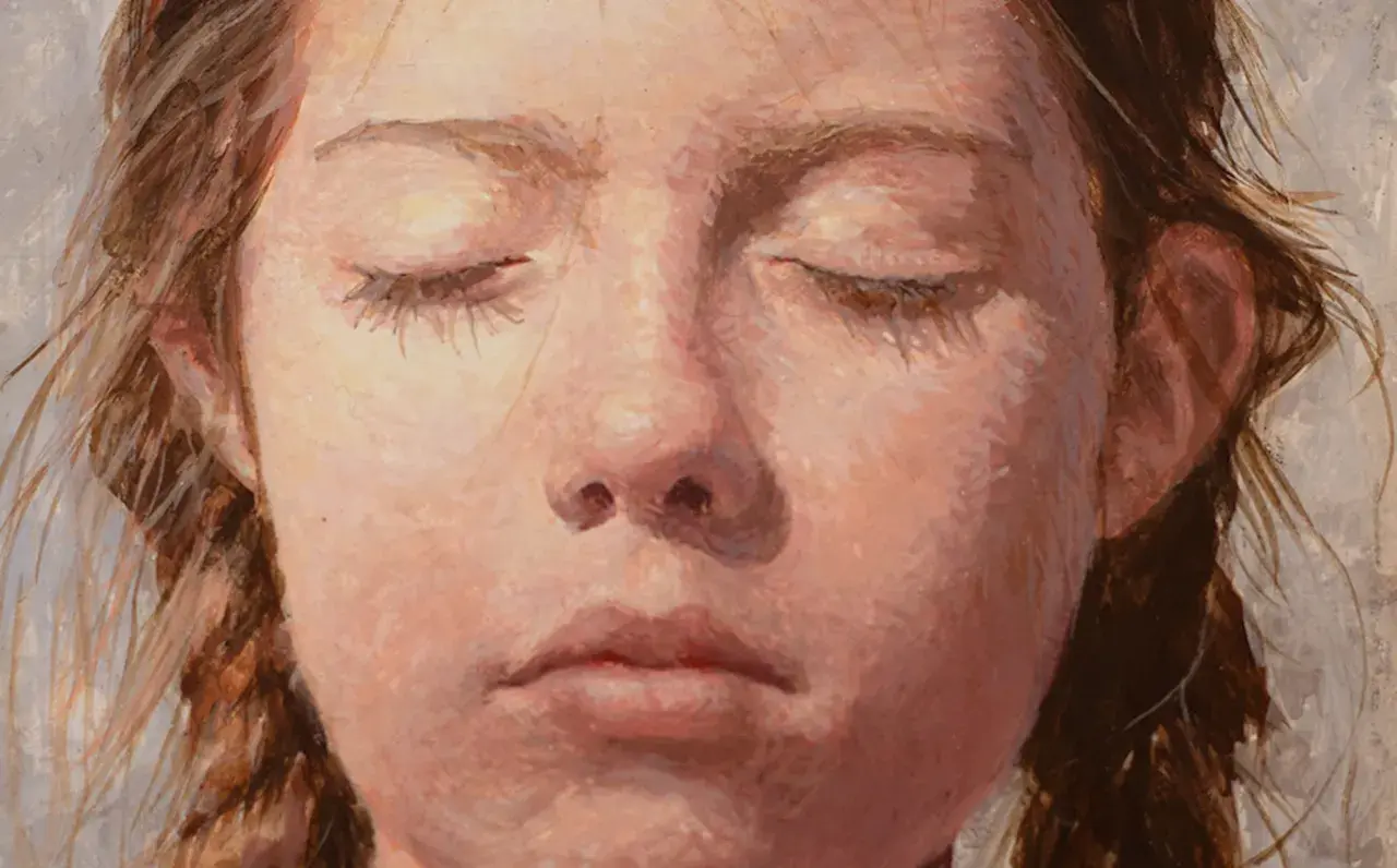 Close-up portrait of a young girl with closed eyes, rendered in delicate egg tempera paint, her braided hair framing her serene face.