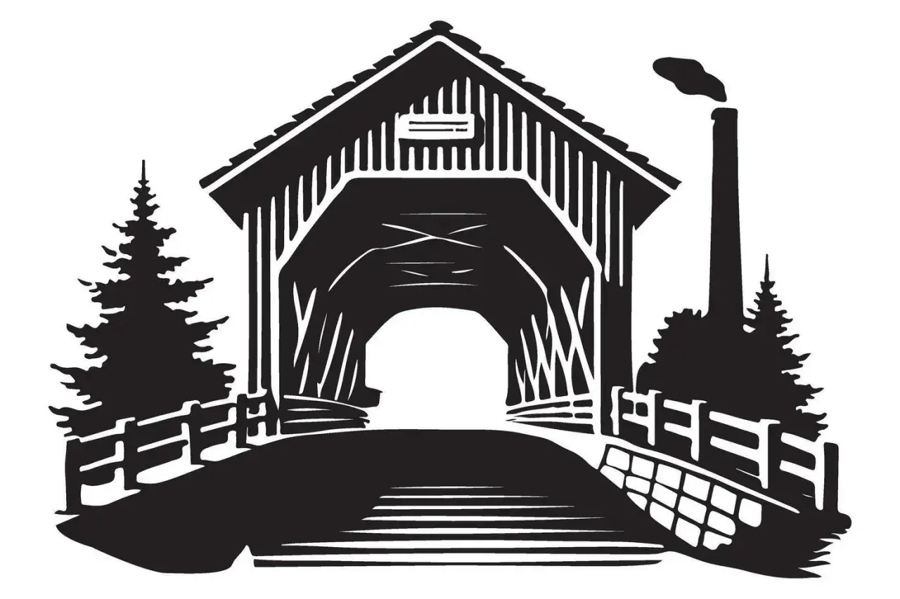 A stark black and white drawing of a covered bridge, with trees and a smokestack.