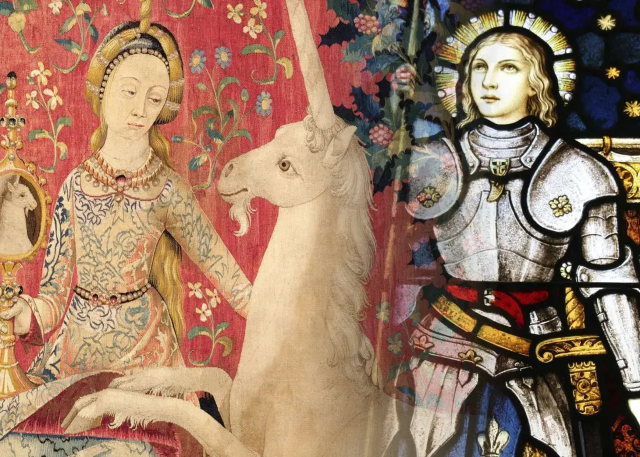 A tapestry depicts a woman with a unicorn in captivity, juxtaposed with a stained-glass image of a knight.