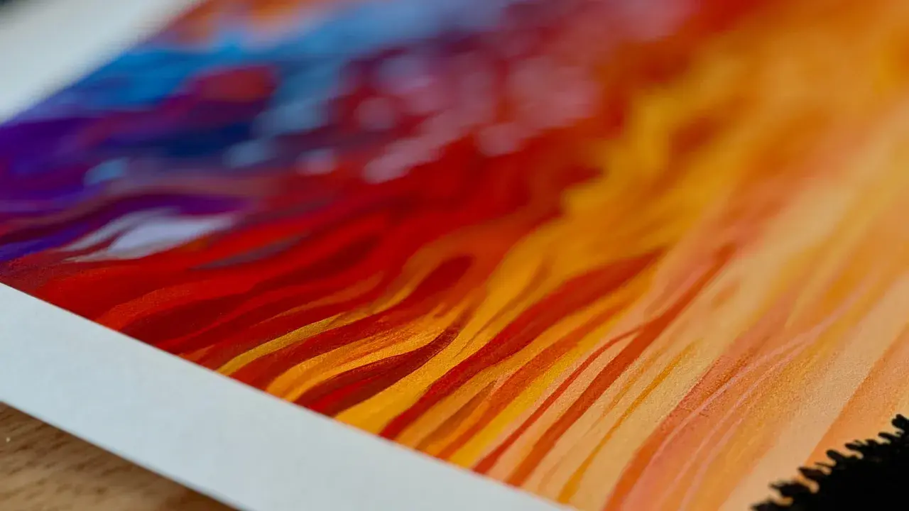Close-up of a vibrant giclee print, showcasing fiery reds, oranges, and blues in abstract, flowing strokes.