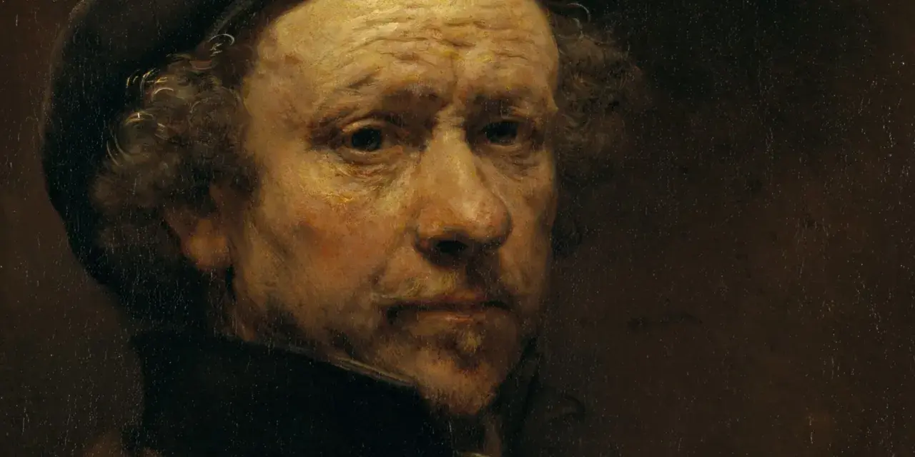 A close-up of a Rembrandt self-portrait, showing the artist's weathered face and intense gaze.