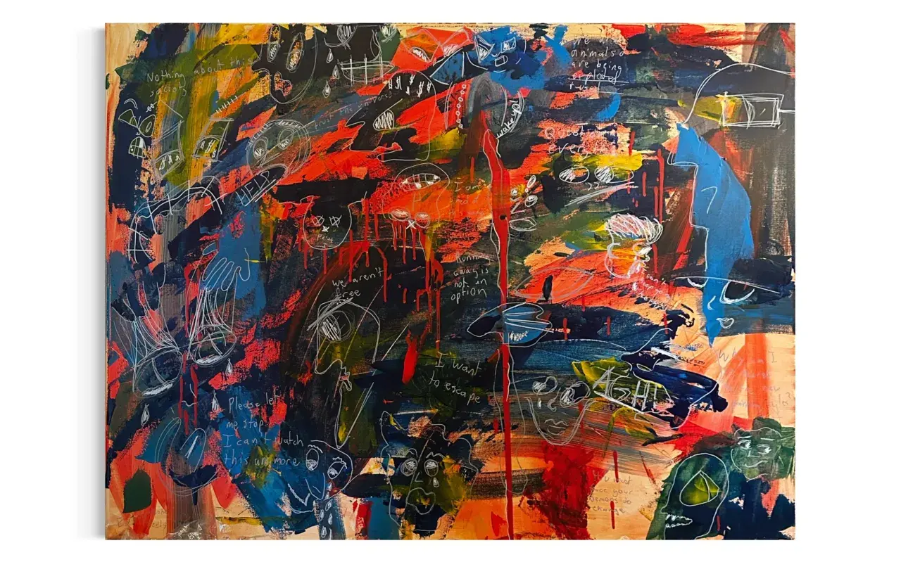 A chaotic canvas of modern expressionism art, featuring bold strokes of red, blue, and yellow, with scribbled figures and phrases like "HELP" and "I want to escape.