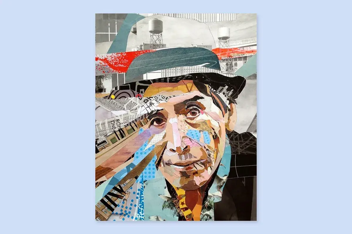A collage of paintings forms a portrait of a man in a hat, with cityscapes and abstract shapes in the background.