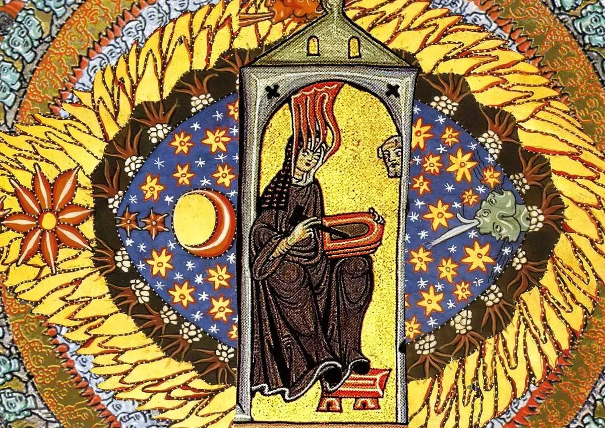Vivid Hildegard of Bingen art depicts a woman in a dark robe, writing in a book, surrounded by celestial bodies and fiery sun rays.