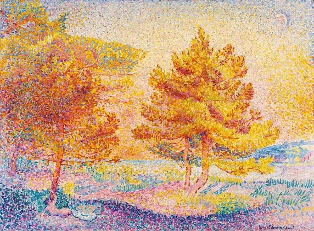 A sun-drenched landscape by pointillism artists, featuring golden trees and a figure resting beneath one, rendered in vibrant dots of color.
