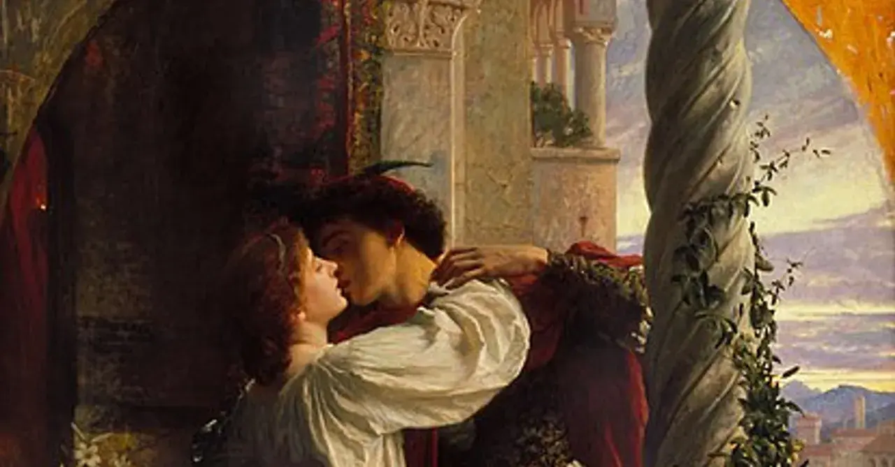 Romeo and Juliet share a passionate kiss on the balcony, bathed in the soft glow of sunset.