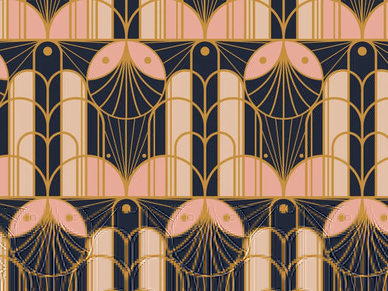 A repeating pattern of stylized fan shapes and arches in gold, pink, and navy blue, embodying the geometric elegance of art deco design.