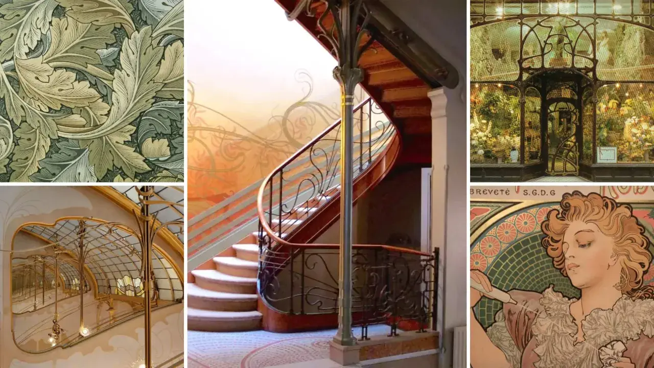 Collage of art nouveau style elements: floral wallpaper, a grand staircase with ornate metalwork, a glass conservatory, and a portrait of a woman.