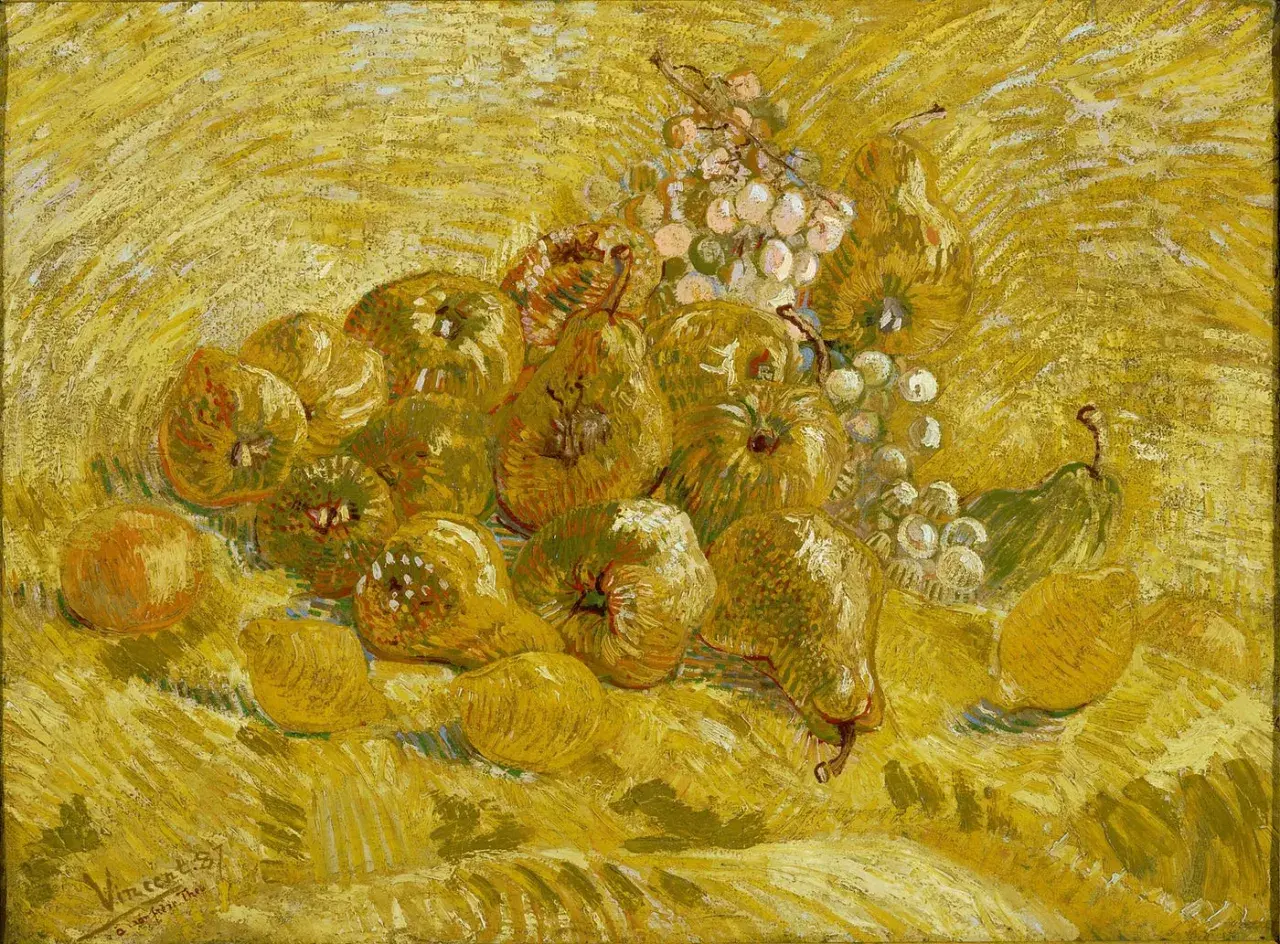 A still life of pears, apples, lemons, and grapes, rendered in vibrant yellow hues, showcasing the artist's mastery of famous yellow paintings.