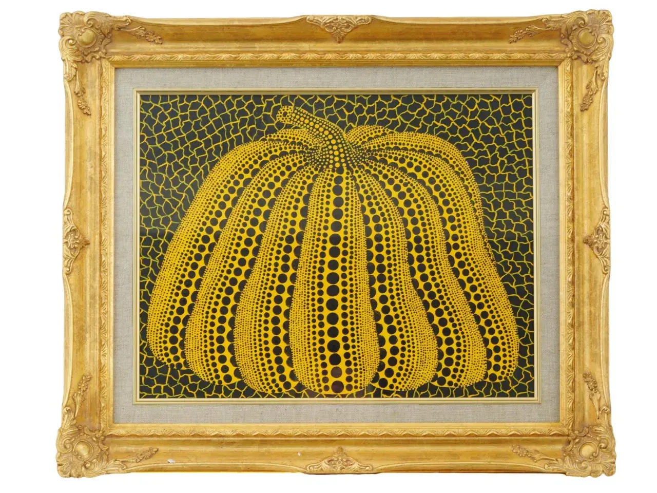 A vibrant yellow pumpkin, a signature motif of the spotted pumpkin artist, is depicted in this framed artwork. The pumpkin is covered in black dots, set against a black background with yellow netting.