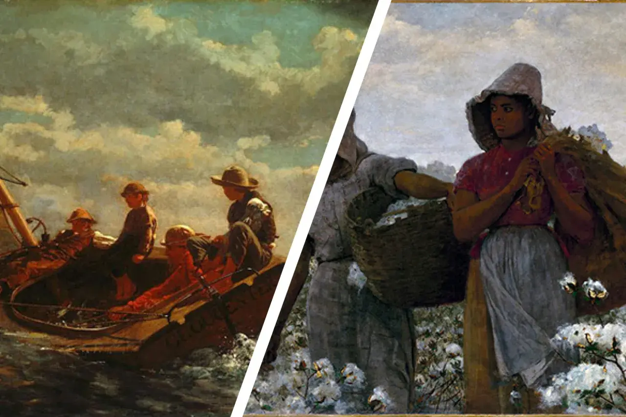 Two scenes of American realism art: boys in a boat under a cloudy sky, and a woman picking cotton.