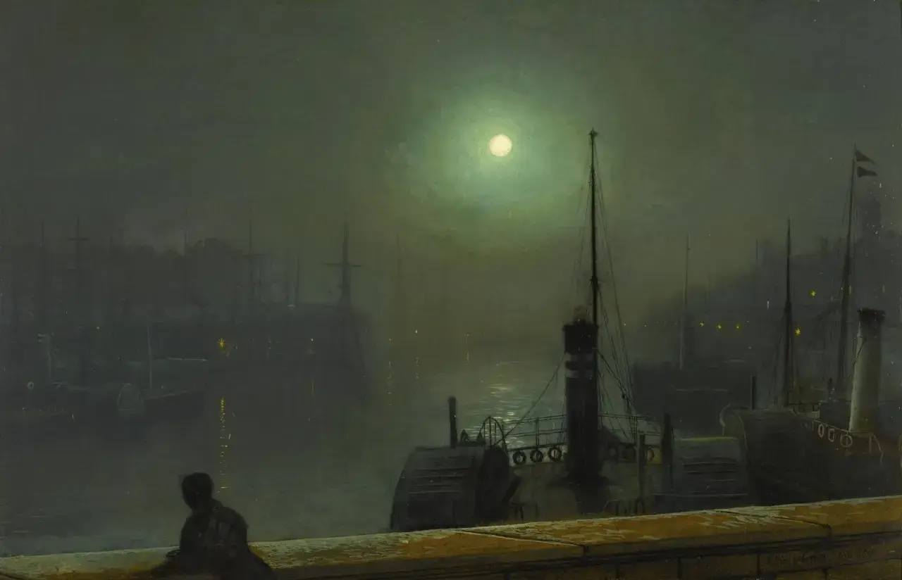 A solitary figure gazes at a moonlit harbor, a signature John Atkinson Grimshaw scene. Ships and gaslights shimmer on the water.