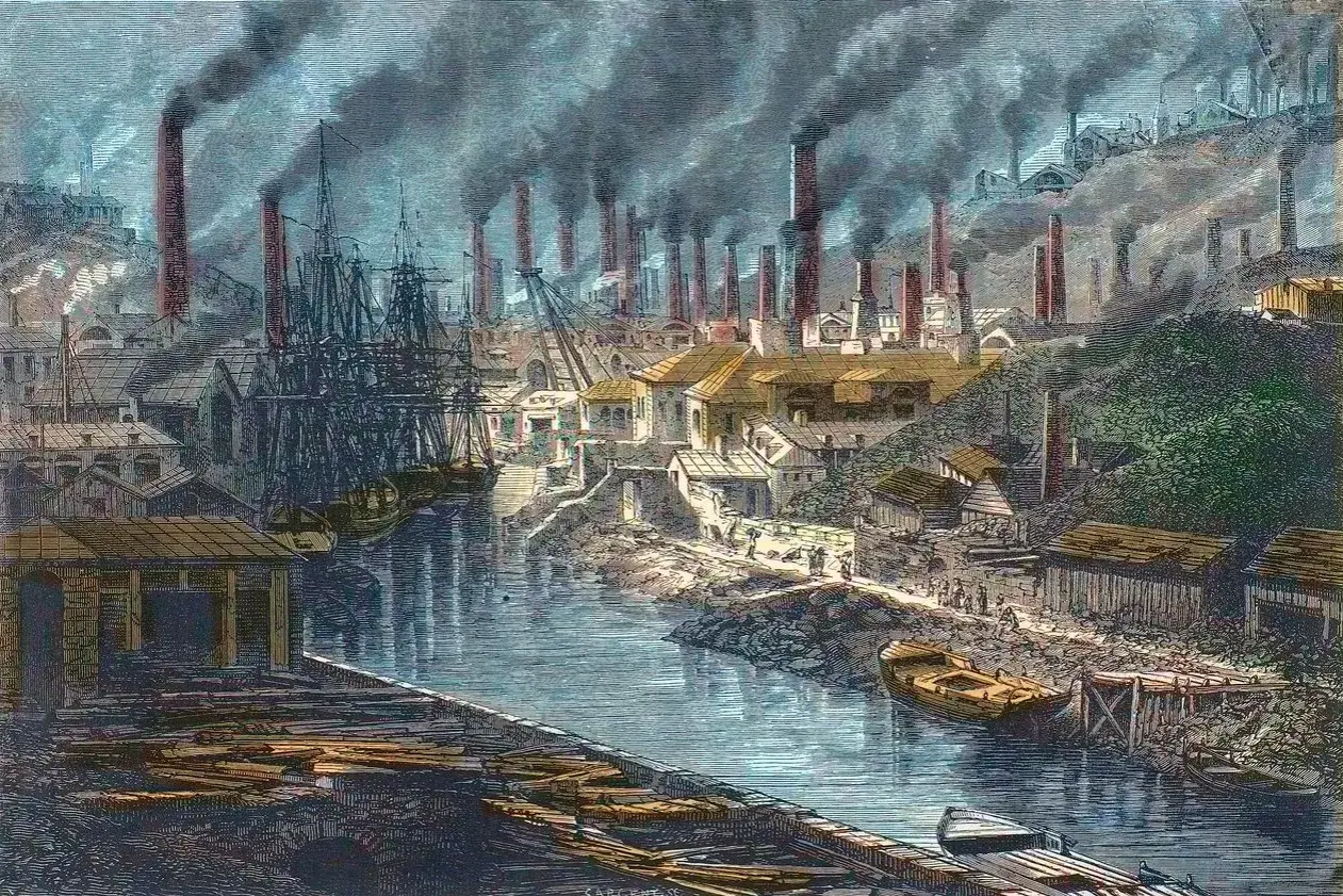 A dramatic industrial revolution painting depicts a bustling port with tall ships, factories, and smokestacks billowing dark clouds.