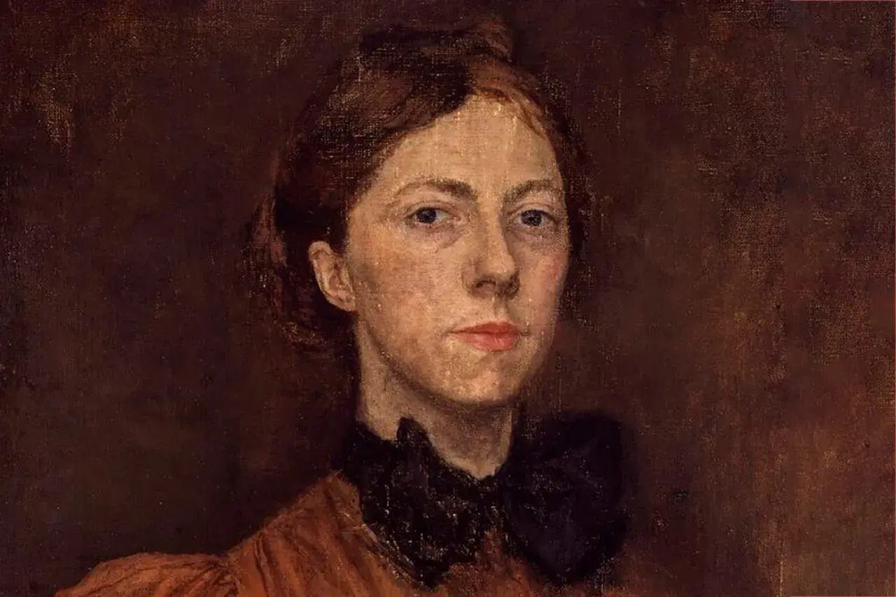 A portrait by Gwen John, featuring a woman with auburn hair pulled back, wearing a dark ruffled collar and an orange dress.