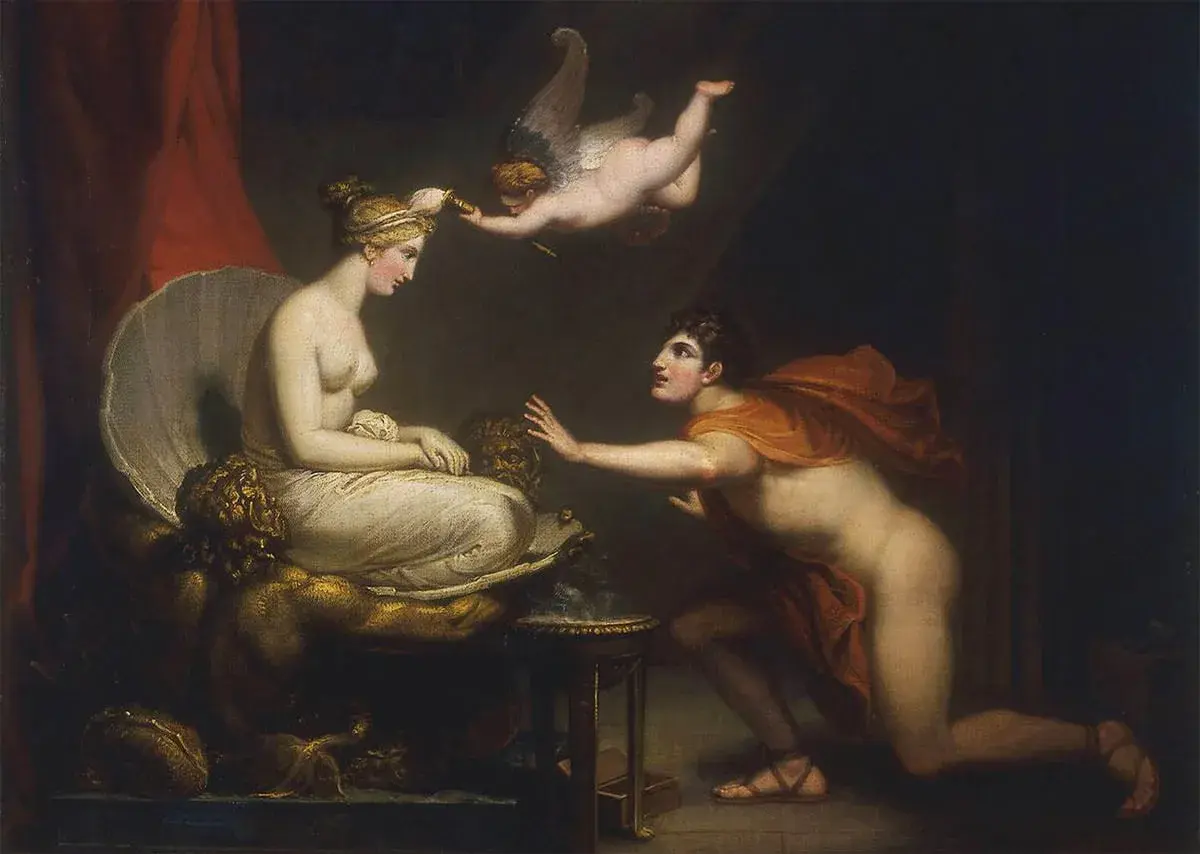 Pygmalion, captivated by his creation, reaches for Galatea as Cupid blesses their union.