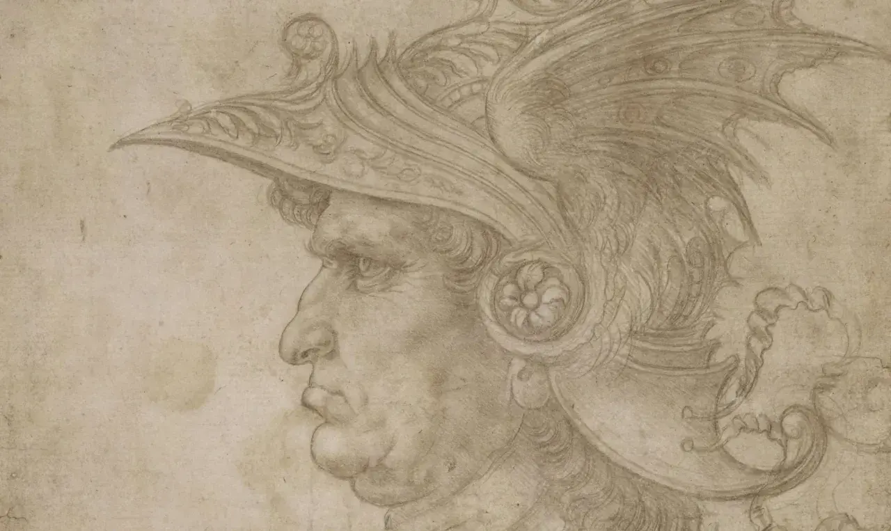 Profile of a man in a detailed helmet, rendered with delicate silver point lines. The drawing captures the warrior's stern expression and the ornate design of his headwear.