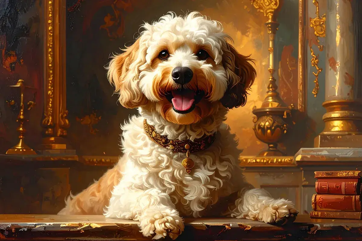 A fluffy dog with a jeweled collar, reminiscent of dogs in Renaissance paintings, sits regally amidst opulent gold decor.