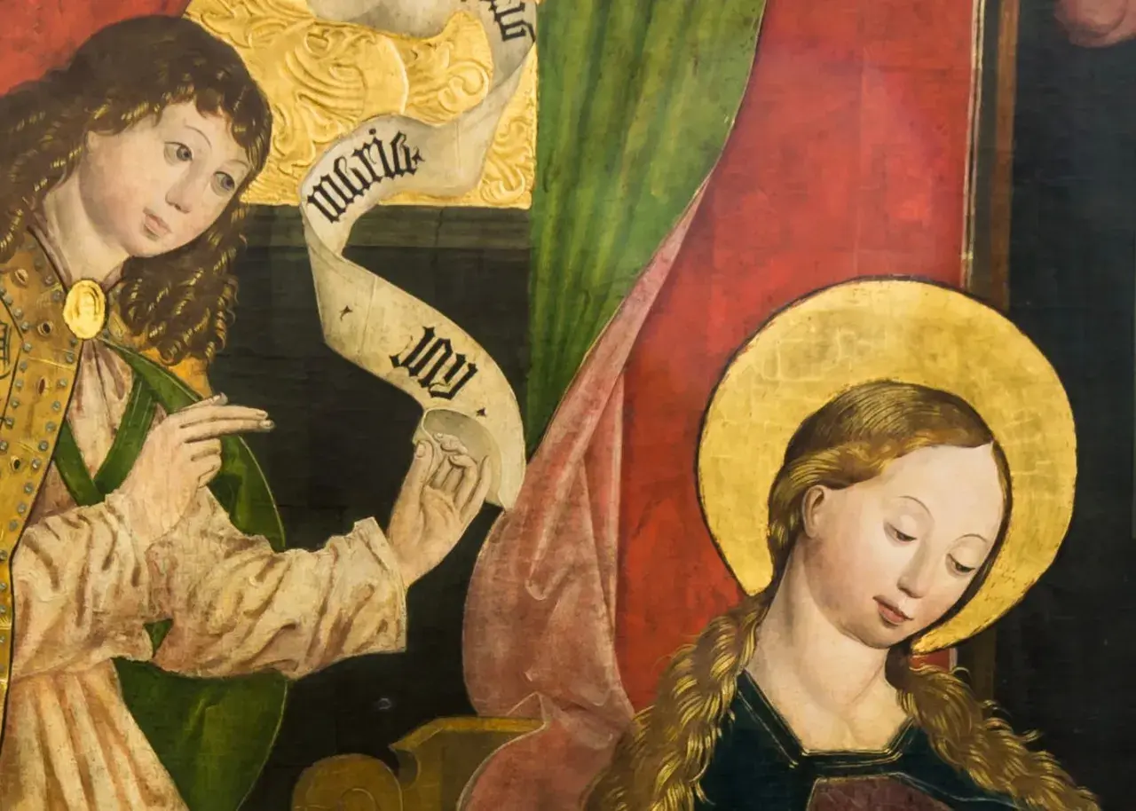 An angel delivers a message to the Virgin Mary in this detail from one of famous paintings of the Virgin Mary.