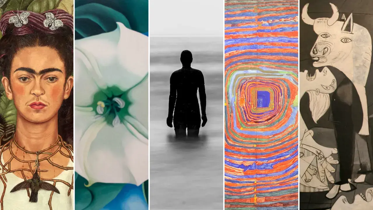 A collage of famous art: Frida Kahlo's portrait, a white flower, a silhouette in water, a colorful abstract, and Picasso's bull and horse.