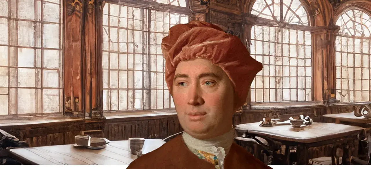 A David Hume portrait shows the philosopher in a red cap and brown coat, seated in a room with large windows and wooden tables.