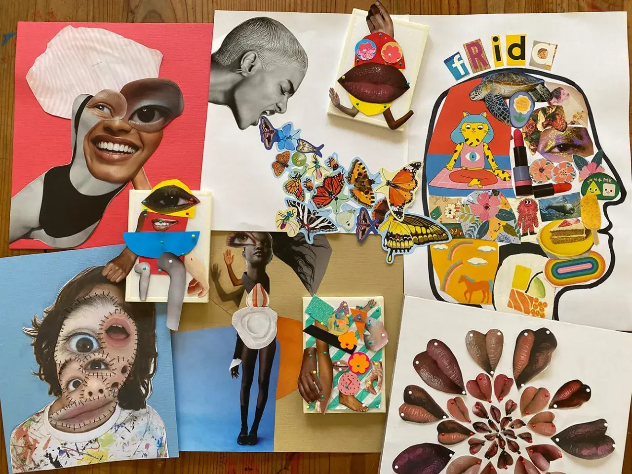 Surreal collage examples featuring fragmented faces, butterflies, and abstract elements.