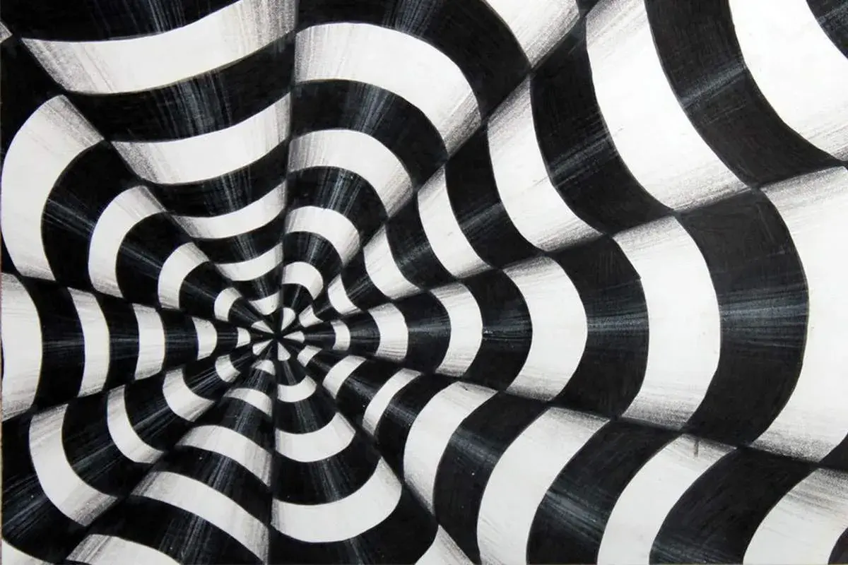 A black and white optical illusions art piece featuring a swirling vortex of curved stripes that create a sense of depth and movement.