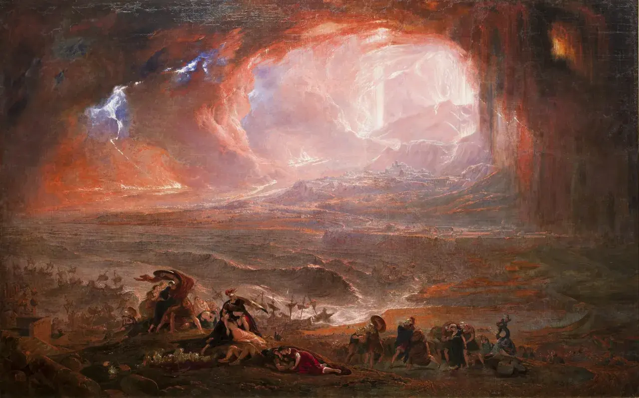 John Martin painter's dramatic vision of the Last Judgment, with a city engulfed in fiery clouds and a chaotic sea below.