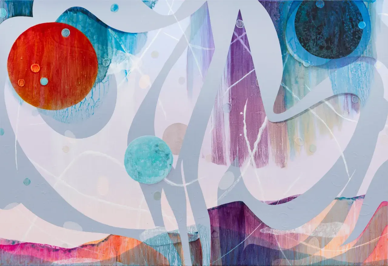 Abstract painting with a red circle, a turquoise circle, and purple and blue streaks, evoking a cosmic dance like Venus and Mars.
