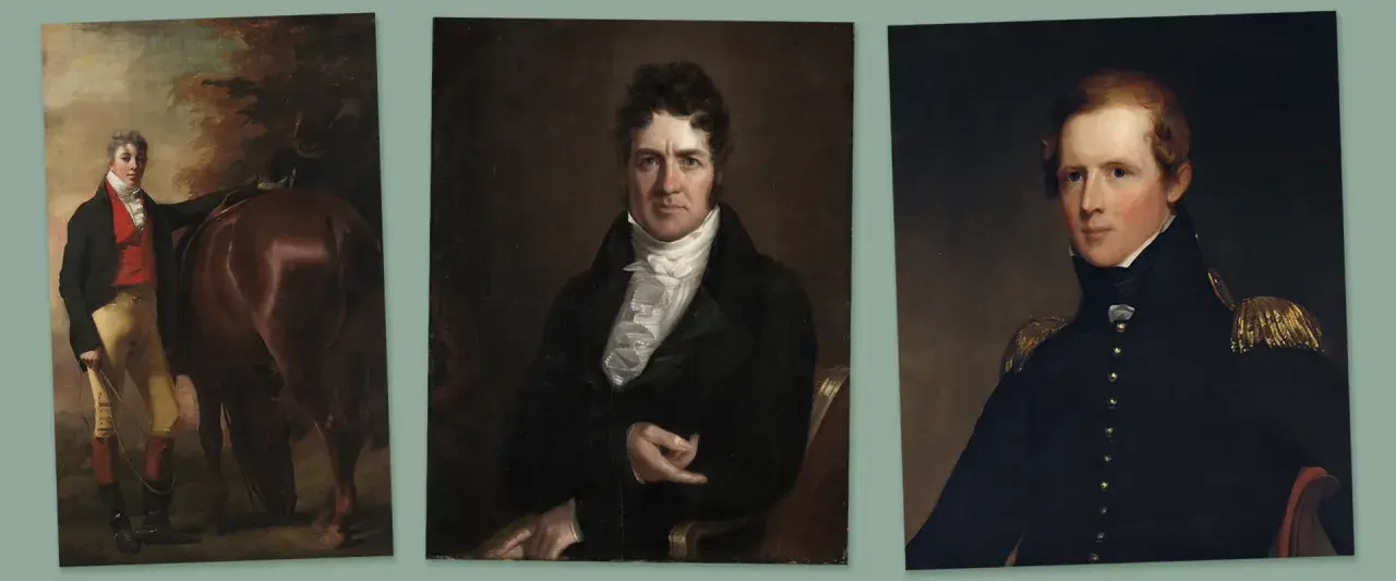 Three portraits in the style of Regency era paintings: a man with a horse, a man in a dark coat with a ruffled shirt, and a man in a dark military uniform.
