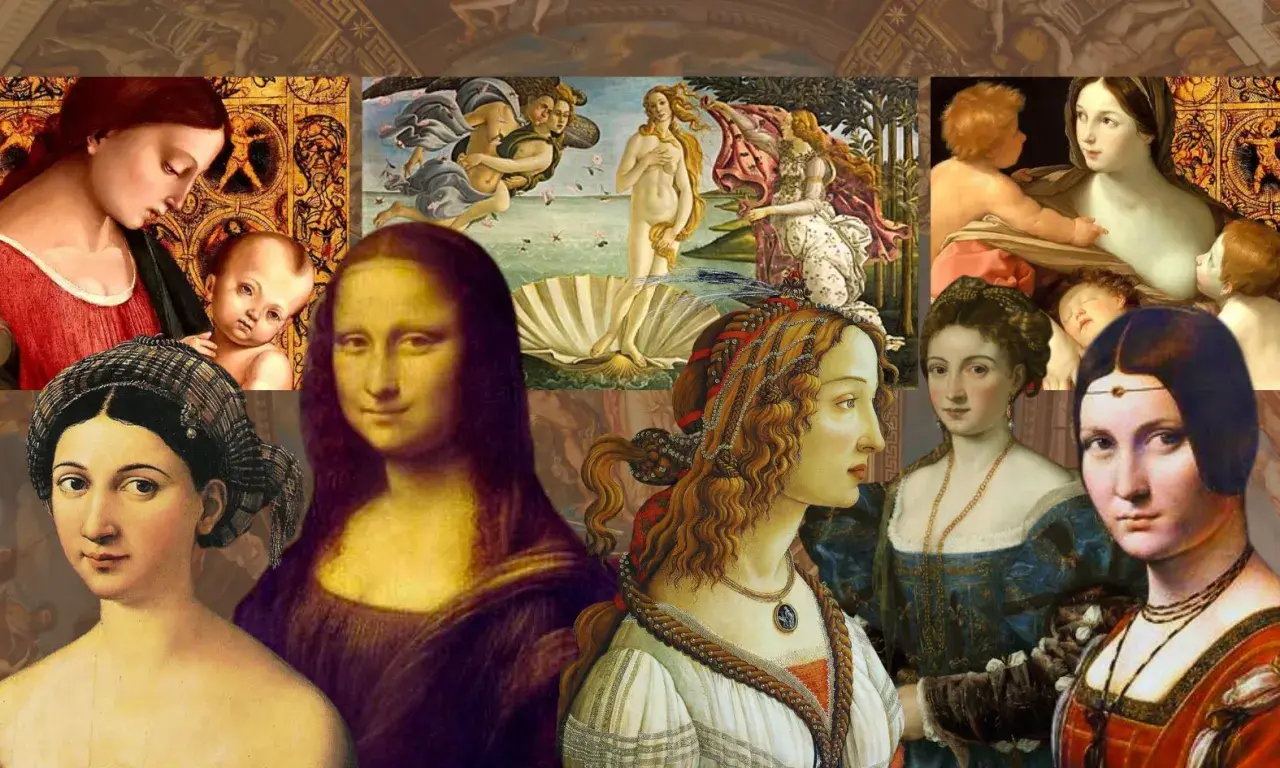 A collage of Renaissance paintings showcasing idealized women, reflecting renaissance beauty standards. Mona Lisa, Venus, and mothers with children are featured.