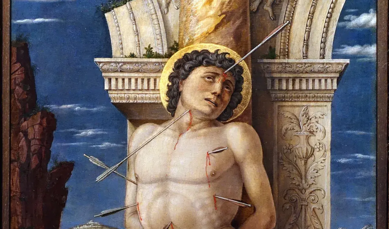 A saint sebastian painting depicts the martyr pierced by arrows, with a golden halo and bloodied wounds against a dramatic sky.